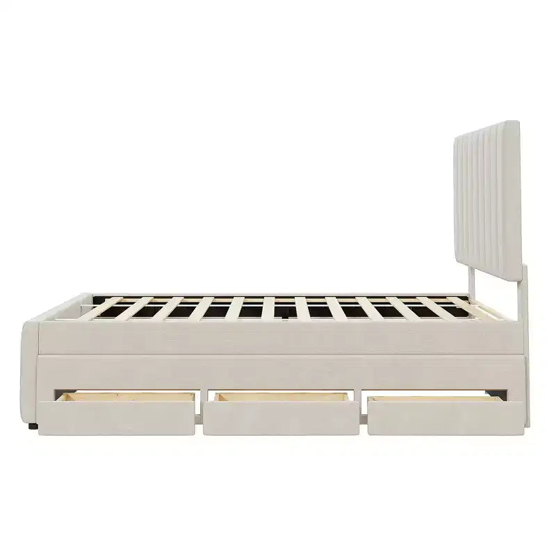 Letto a piattaforma imbottito di dimensioni complete con letto estraibile singolo e 3 cassetti, in tessuto di lino, beige