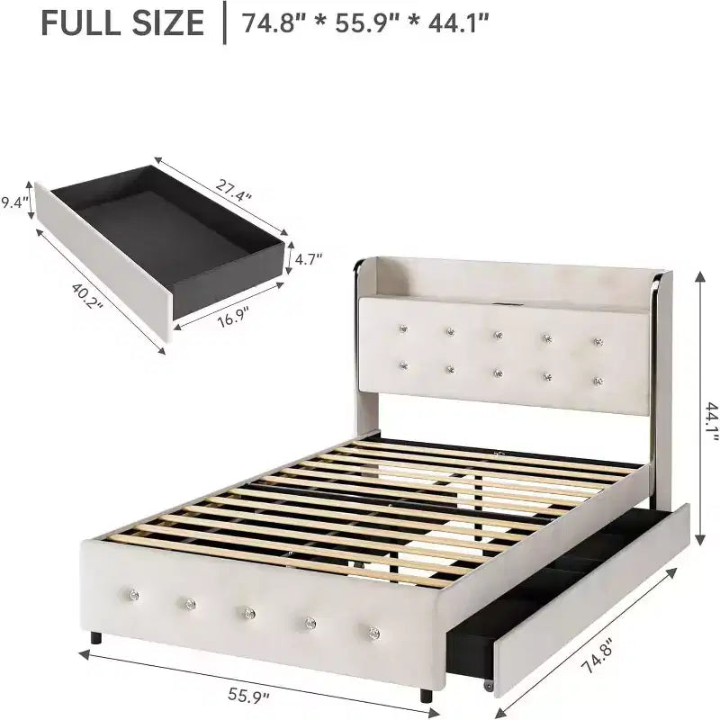 Struttura letto matrimoniale con testiera contenitore, rivestimento in velluto, struttura letto a piattaforma con 4 cassetti e supporto a doghe in legno, design silenzioso