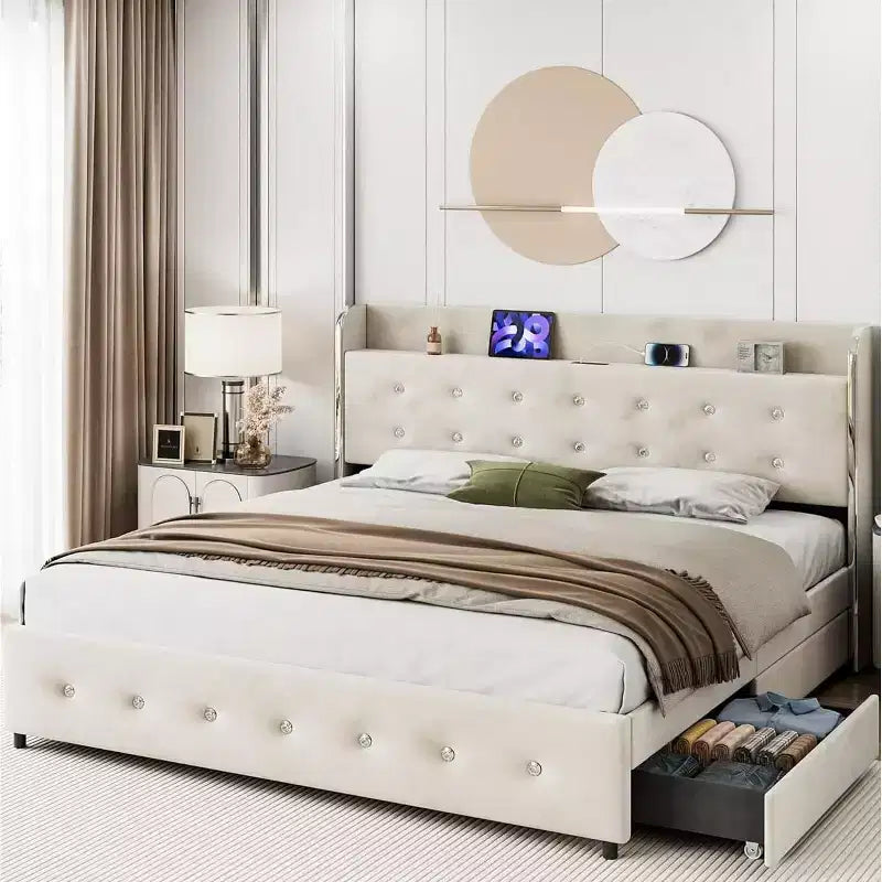 Struttura letto matrimoniale con testiera contenitore, rivestimento in velluto, struttura letto a piattaforma con 4 cassetti e supporto a doghe in legno, design silenzioso