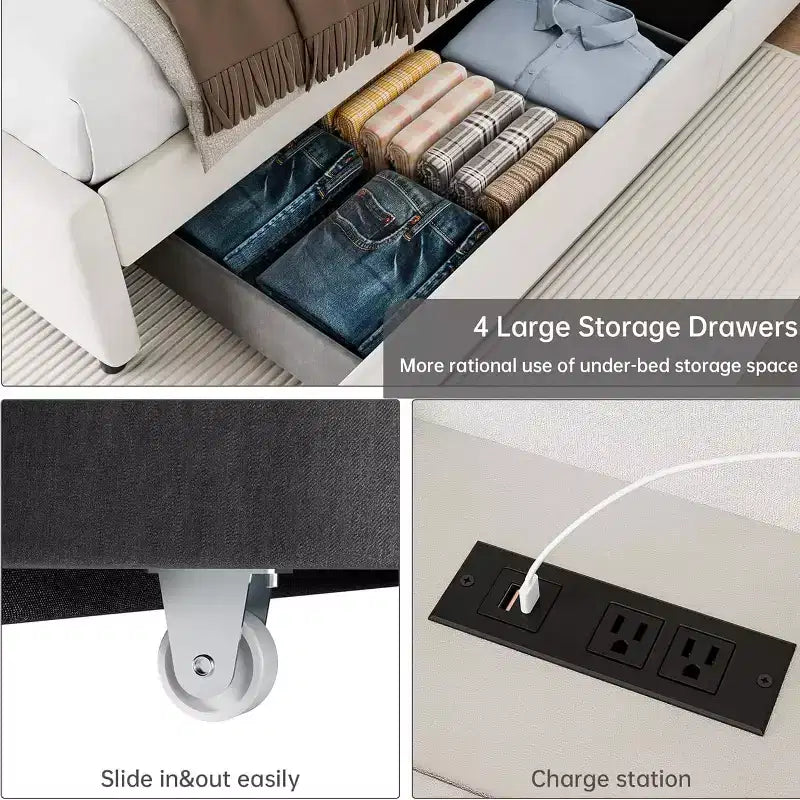Struttura letto matrimoniale con testiera contenitore, rivestimento in velluto, struttura letto a piattaforma con 4 cassetti e supporto a doghe in legno, design silenzioso