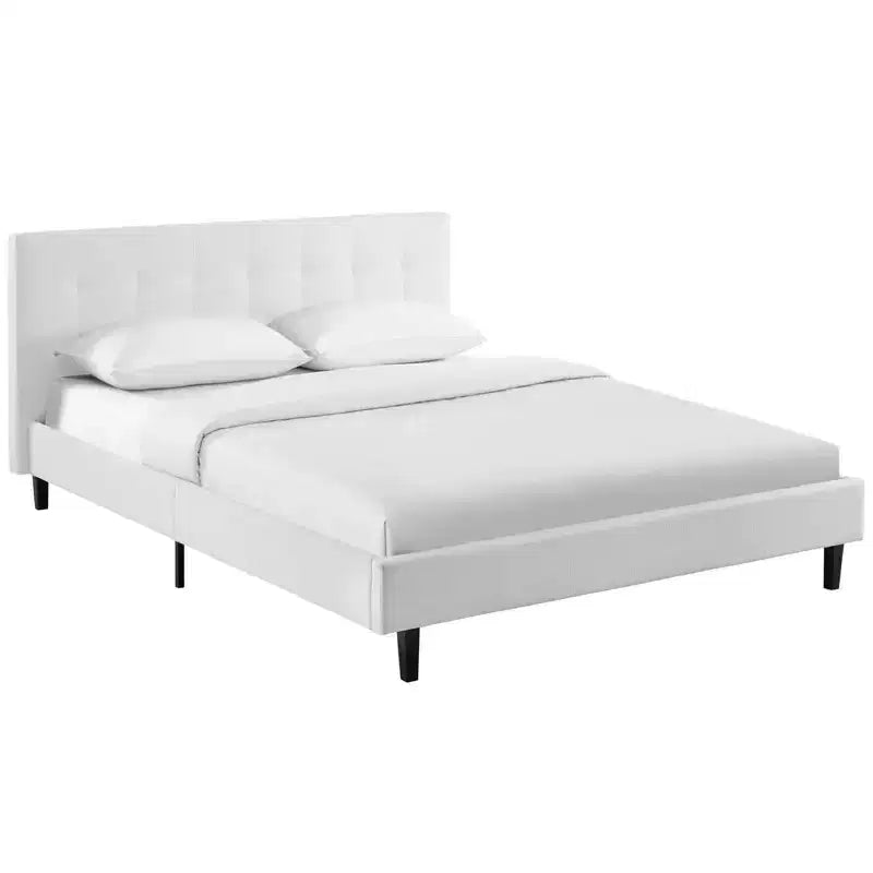 Letto Matrimoniale Piccolo Bianco: Rivestimento in Tessuto di Poliestere Imbottito, Gambe in Legno Massello, Supporto a Doghe, Nessuna Molla Richiesta