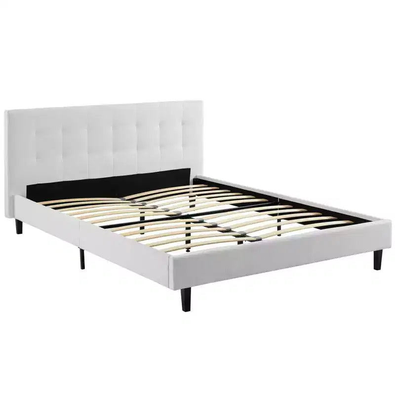 Letto Matrimoniale Piccolo Bianco: Rivestimento in Tessuto di Poliestere Imbottito, Gambe in Legno Massello, Supporto a Doghe, Nessuna Molla Richiesta