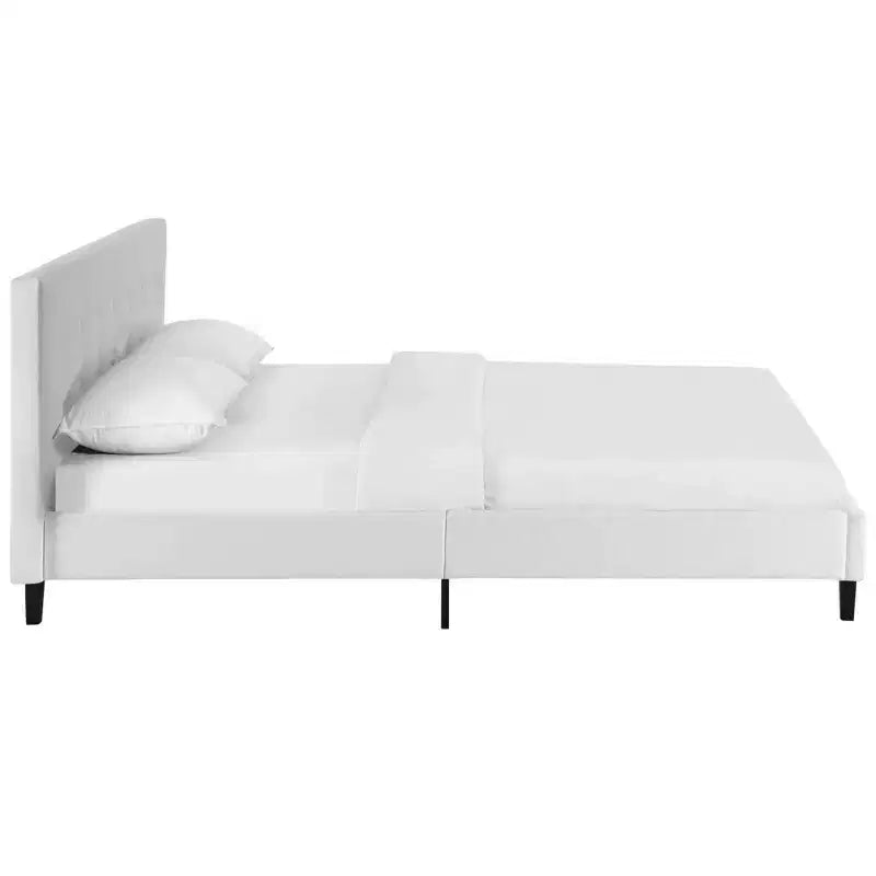 Letto Matrimoniale Piccolo Bianco: Rivestimento in Tessuto di Poliestere Imbottito, Gambe in Legno Massello, Supporto a Doghe, Nessuna Molla Richiesta