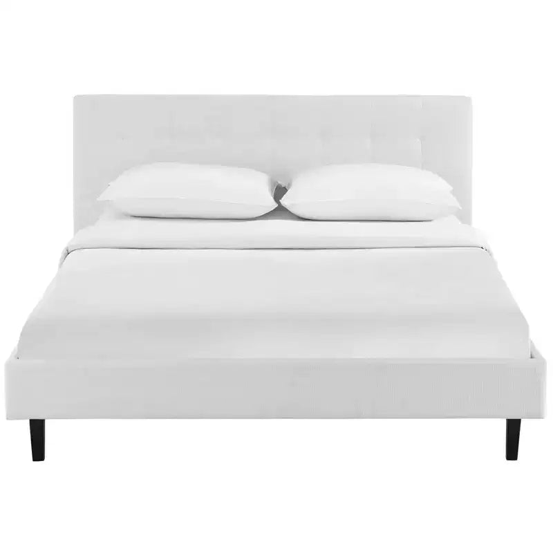 Letto Matrimoniale Piccolo Bianco: Rivestimento in Tessuto di Poliestere Imbottito, Gambe in Legno Massello, Supporto a Doghe, Nessuna Molla Richiesta